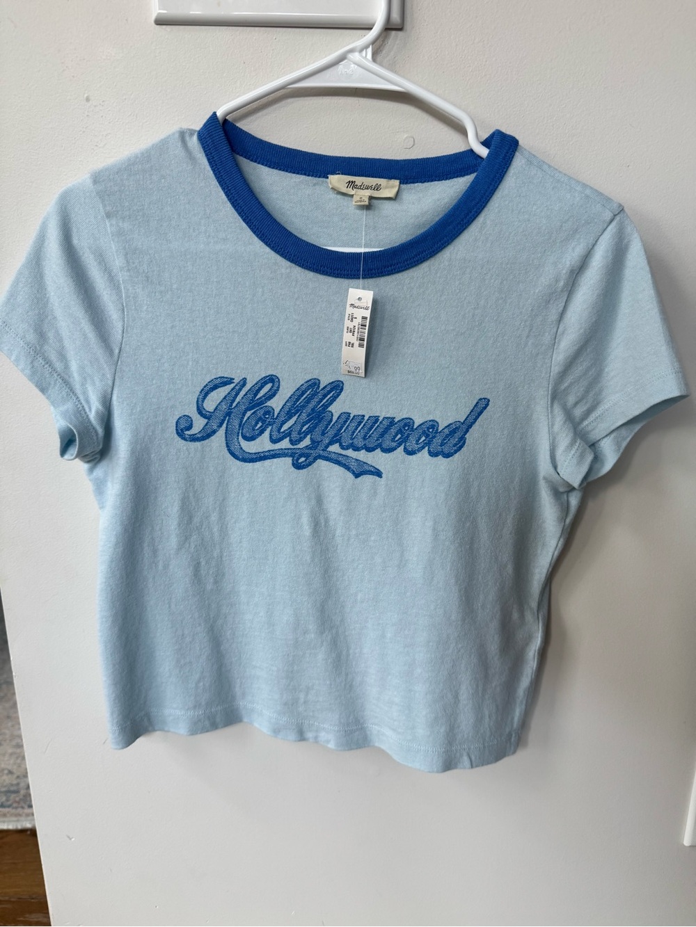 Madewell Light Blue Ringer Tee with Blue Script NWT Size Small